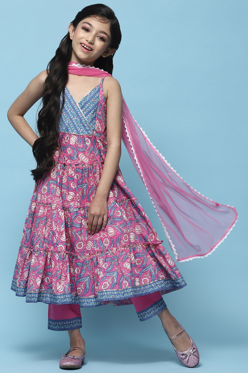 Pink Cotton Tiered Kurta With Palazzo & Net Dupatta  image number 0