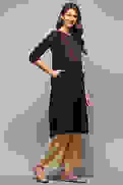 Charcoal Cotton Blend Straight Kurta image number 4