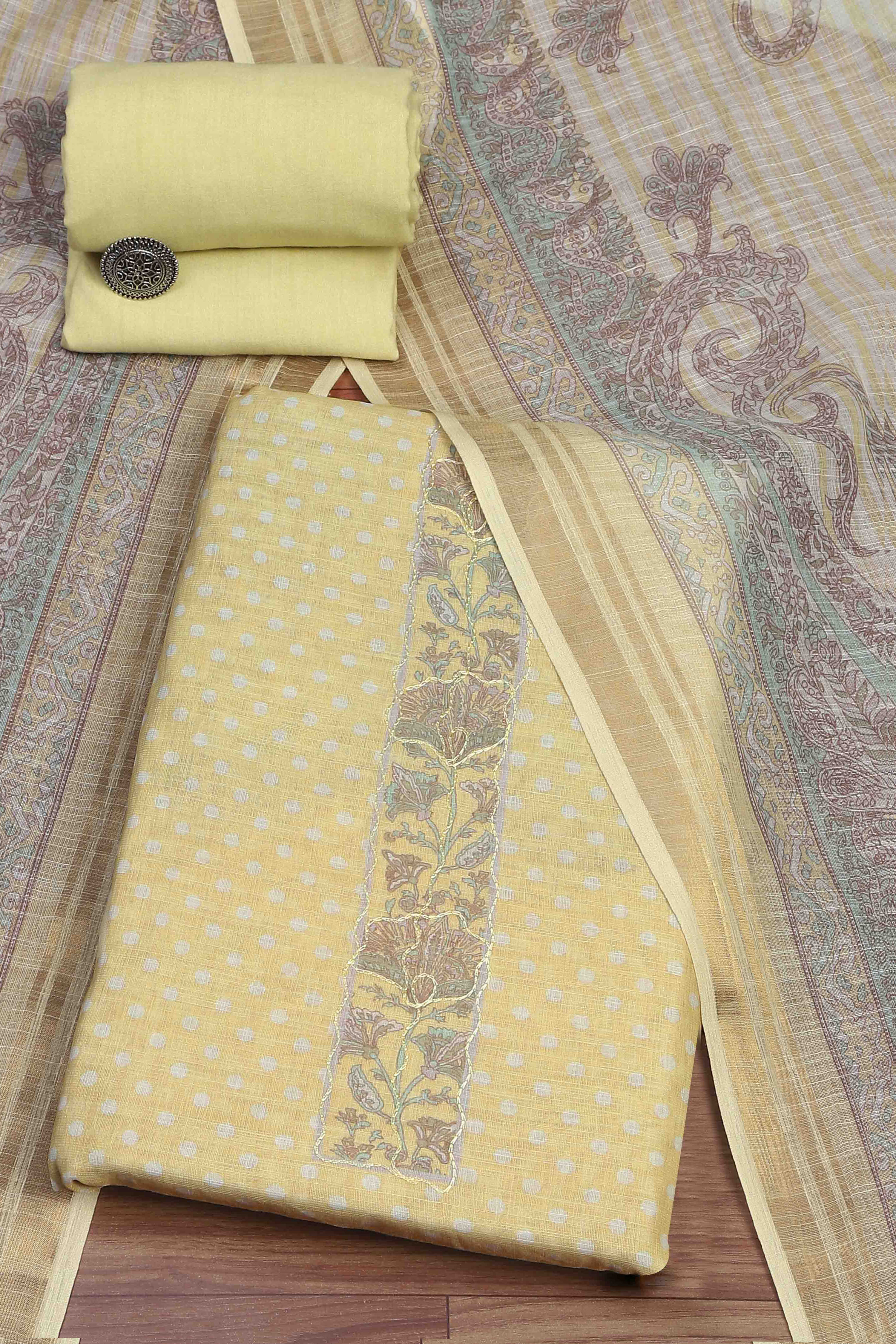 Yellow Linen Unstitched Suit Set image number 0