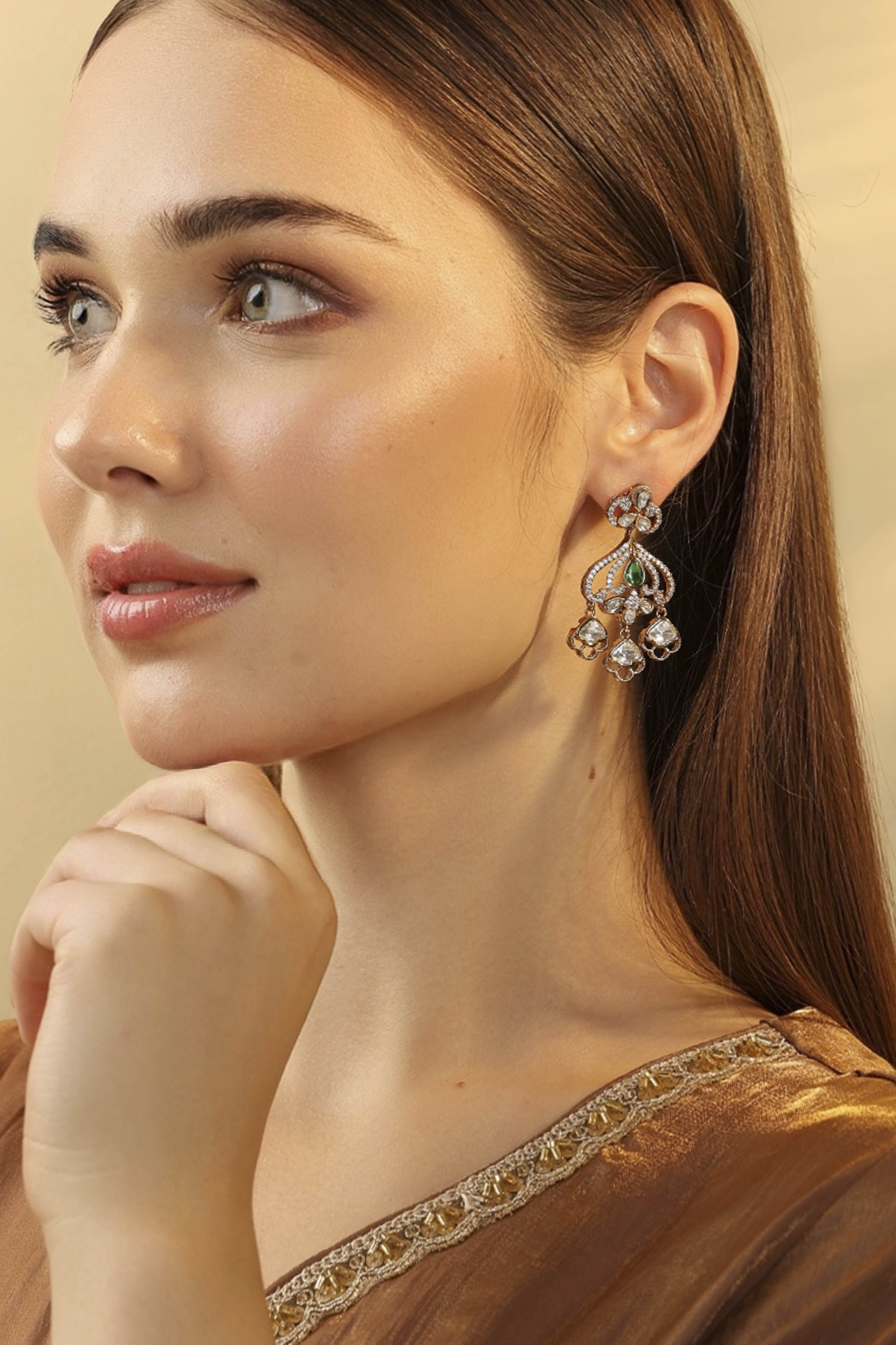 Green Brass Gold-Plated Drop and Dangler Earrings image number 3
