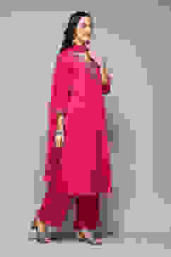 Fuchsia LIVA Gathered Kurta Palazzo Suit Set image number 6