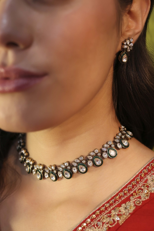 Green Brass Kundan Set image number 1