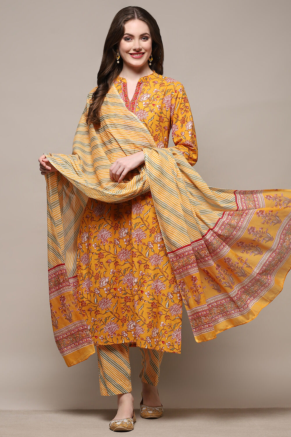 Mustard Yellow Cotton Screen Printed Unstitched Suit Set image number 1