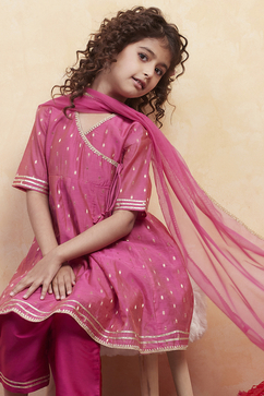 Pink Yarn Dyed Angrakha Anarkali Suit Set image number 7
