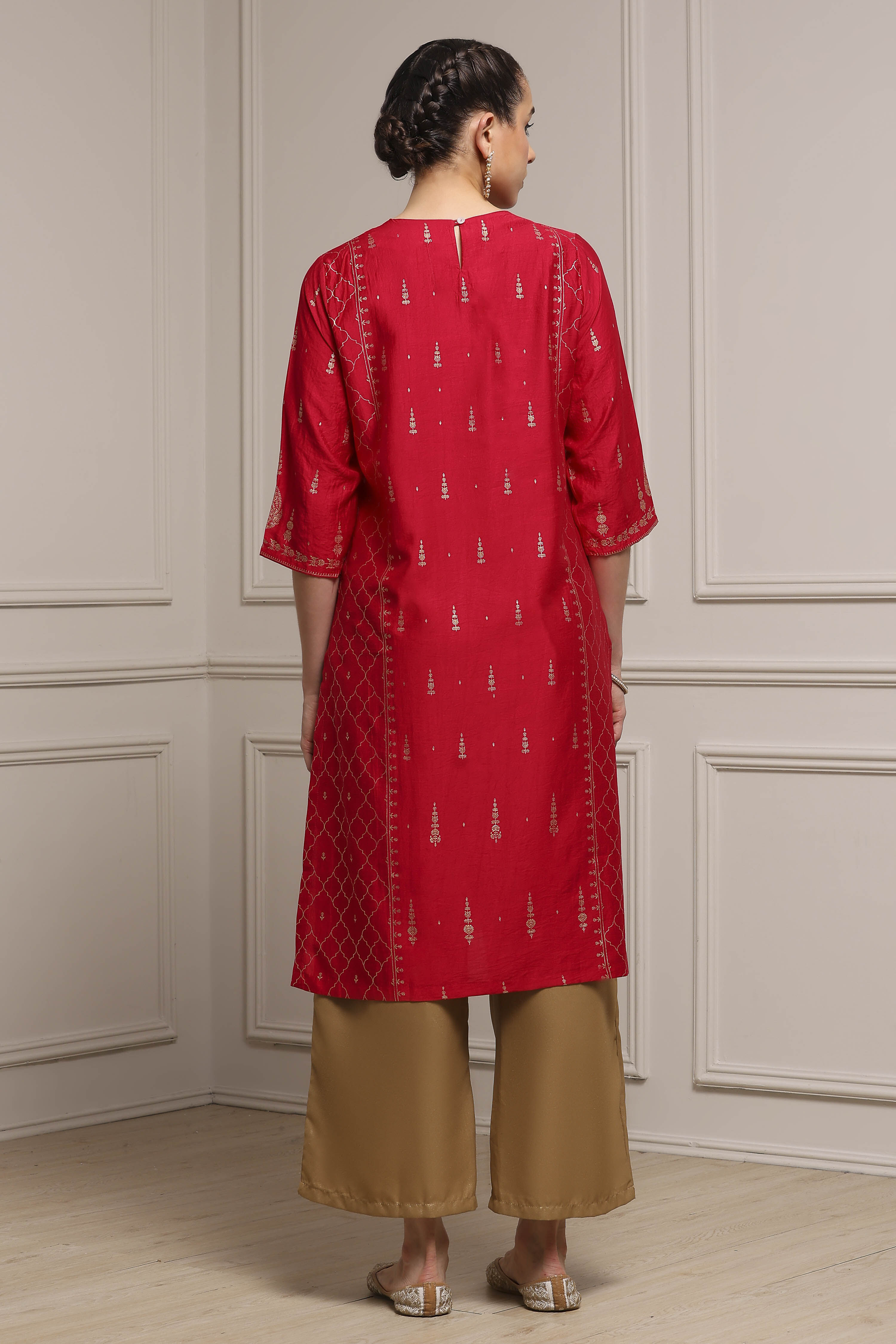 Red Art Silk Printed Straight Kurta image number 3