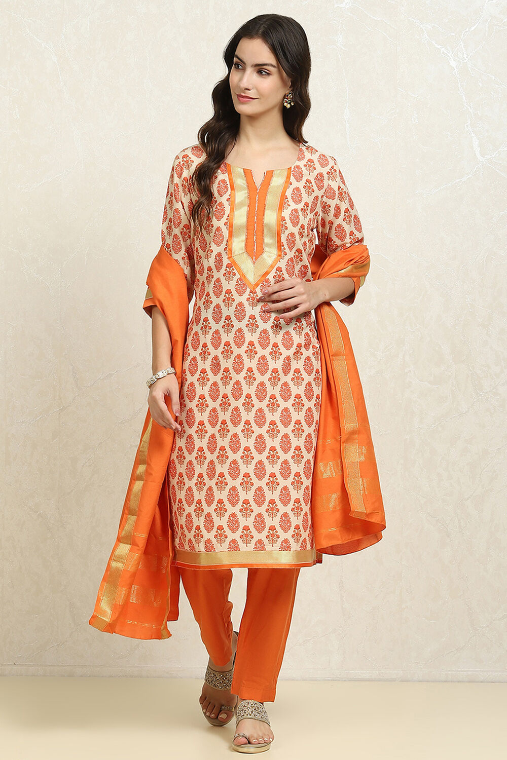 Light Green Cotton Handloom Unstitched Suit Set image number 1