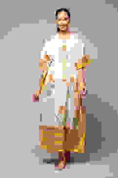 Off White & Must Cotton Printed Kaftan image number 5