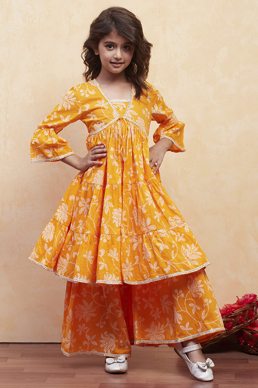 Orange Cotton Printed Tiered Kurta Set image number 6