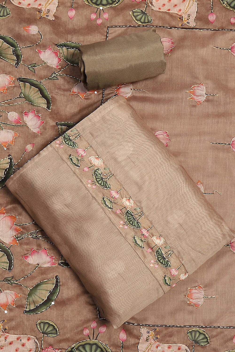 Mehendi Green Chanderi Hand Embroidered Unstitched Suit Set image number 0