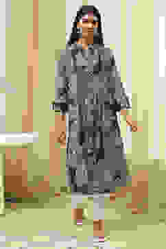 Charcoal Floral Printed Straight Kurta image number 5