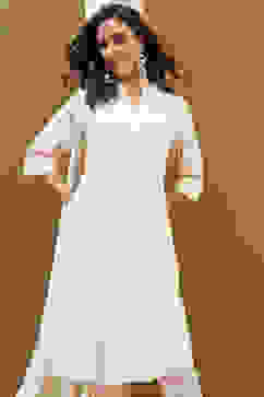 Ecru Cotton Solid Pleated A-Line Kurta image number 7