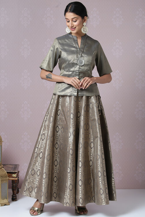 Sage Green Metallic Cotton Lehenga Set image number 4