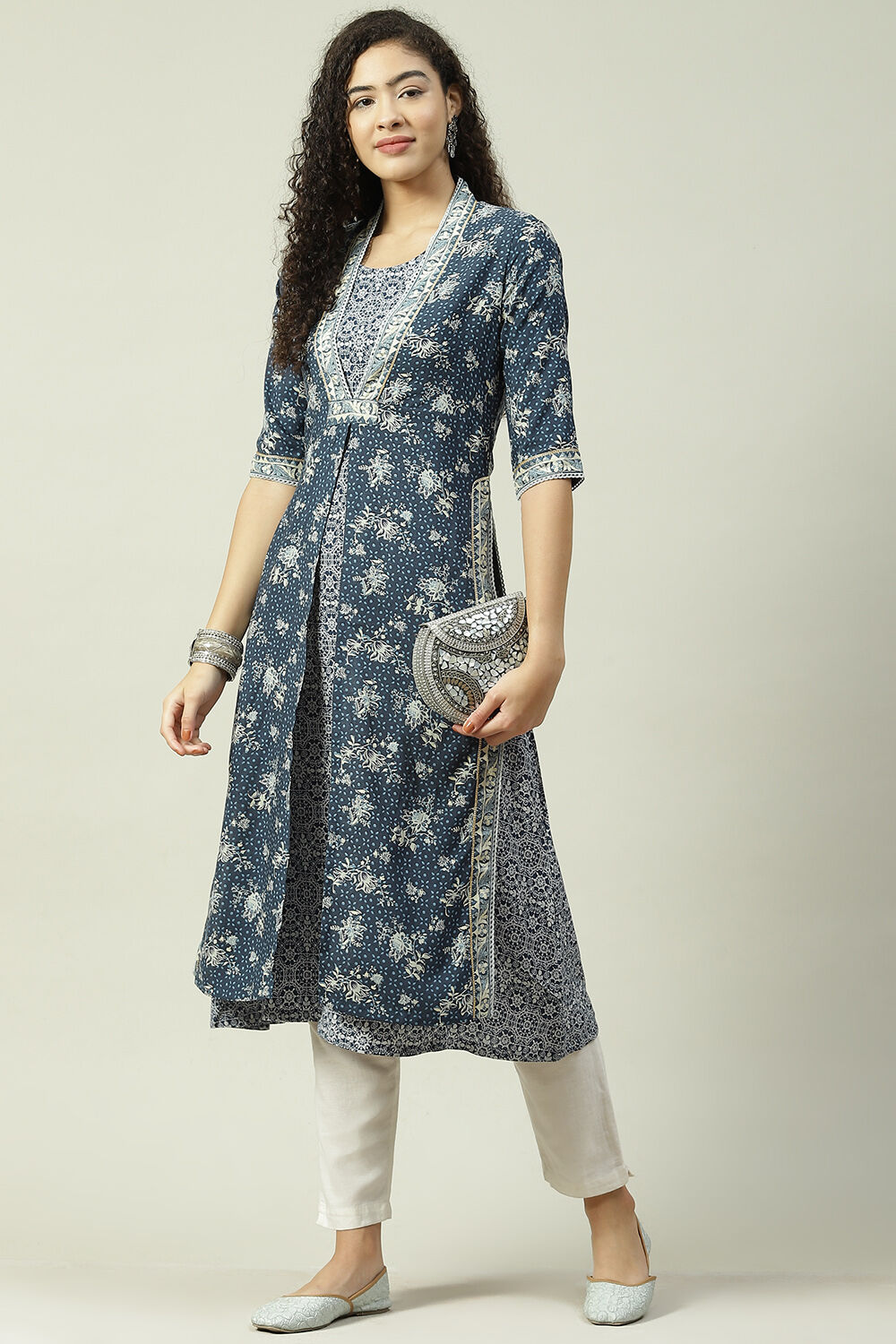 Navy LIVA A-Line Double Layered Printed Kurta image number 6