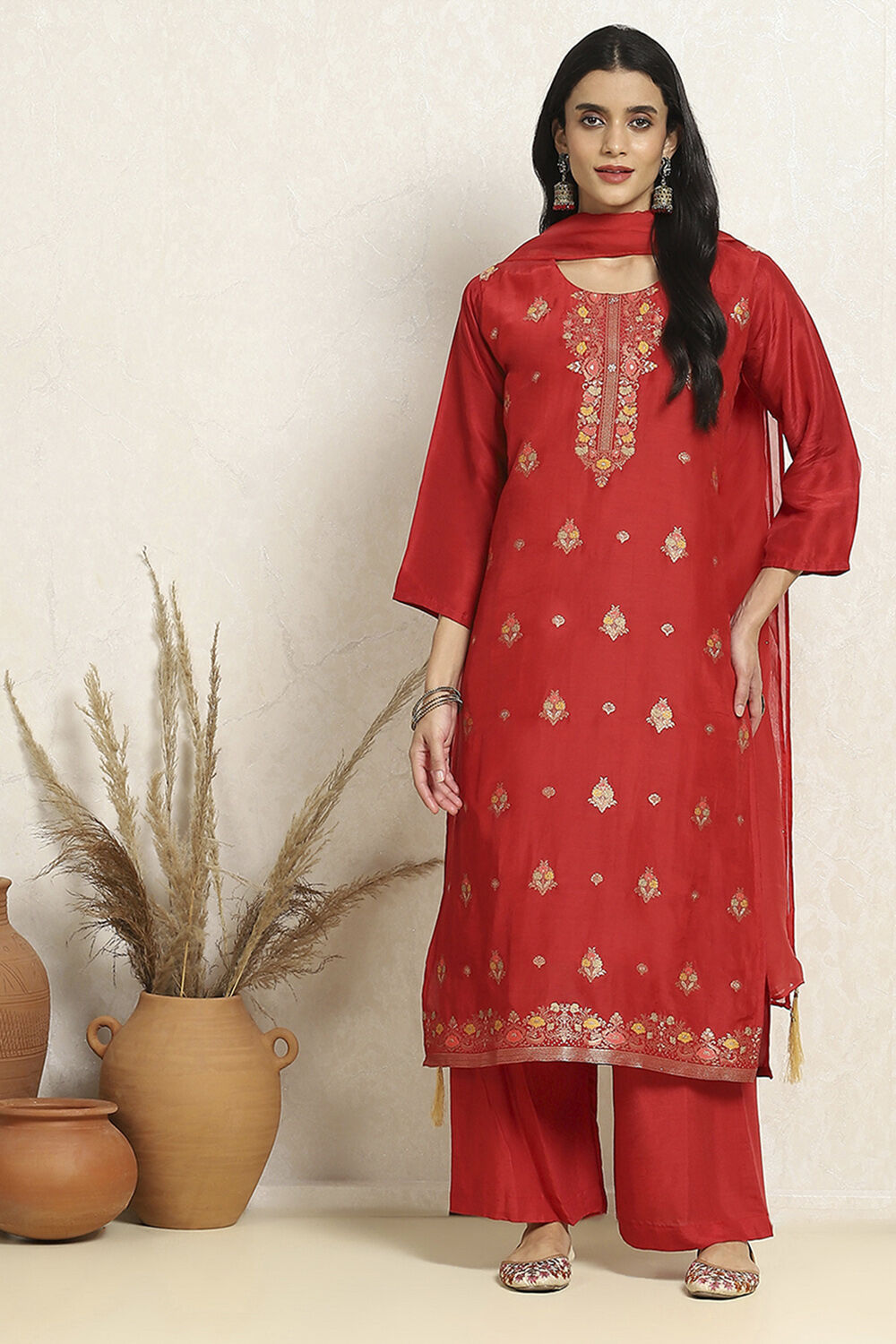 Red Viscose Silk Floral Woven Unstitched Suit Set image number 1