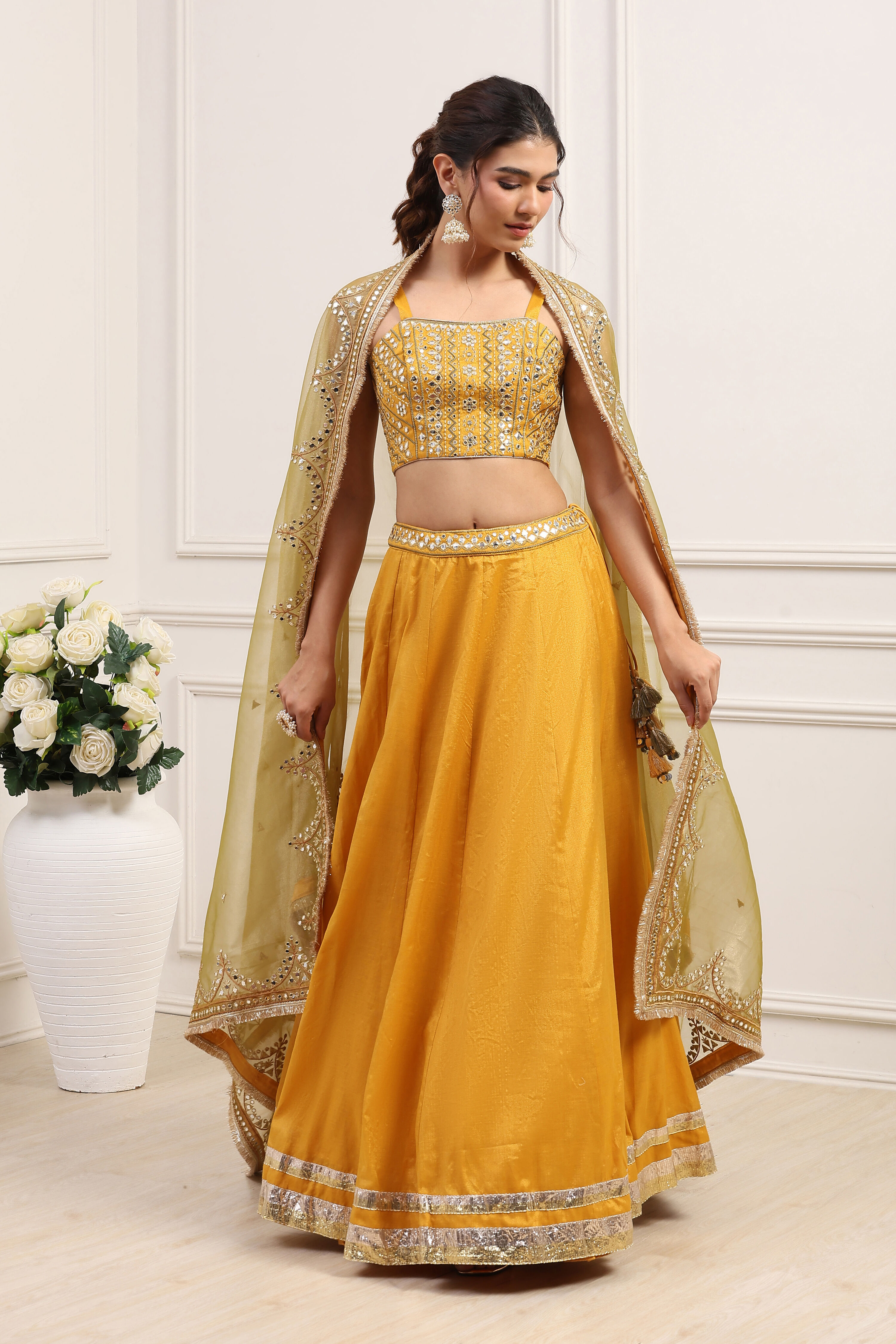 Yellow Cotton Zari Tissue Embroidered Lehenga Set image number 6