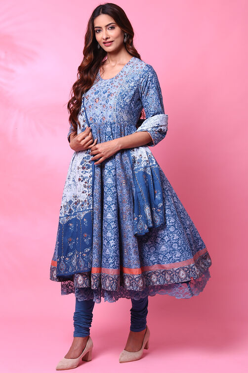 Grey Cotton Anarkali Kurta Churidar Suit Set image number 6