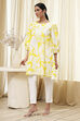 Lime and White Cotton Relaxed Short Kurta image number 5