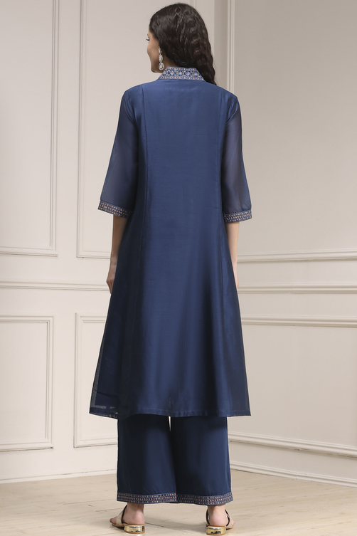 Blue Chanderi Solid Gathered Suit Set image number 4