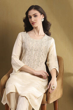 Off White Viscose Blend Straight Set image number 7