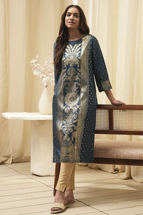 Indigo Rayon A-Line Printed Kurta image number 0