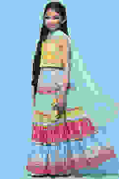 Yellow Cotton Strappy Top With Tiered Lehenga & Net Dupatta image number 4