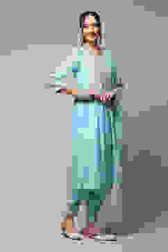 Sky Blue Cotton Blend Layered Kurta Salwar Suit Set image number 7