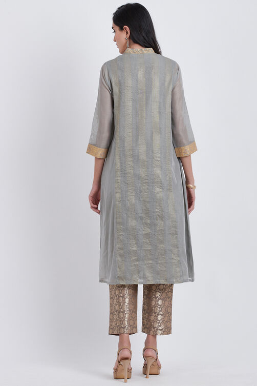 Grey Poly Cotton Flared Yarndyed Kurta image number 4