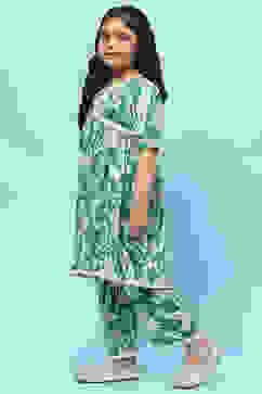 Green Cotton Floral Gathered Kurta and Palazzo Set image number 3