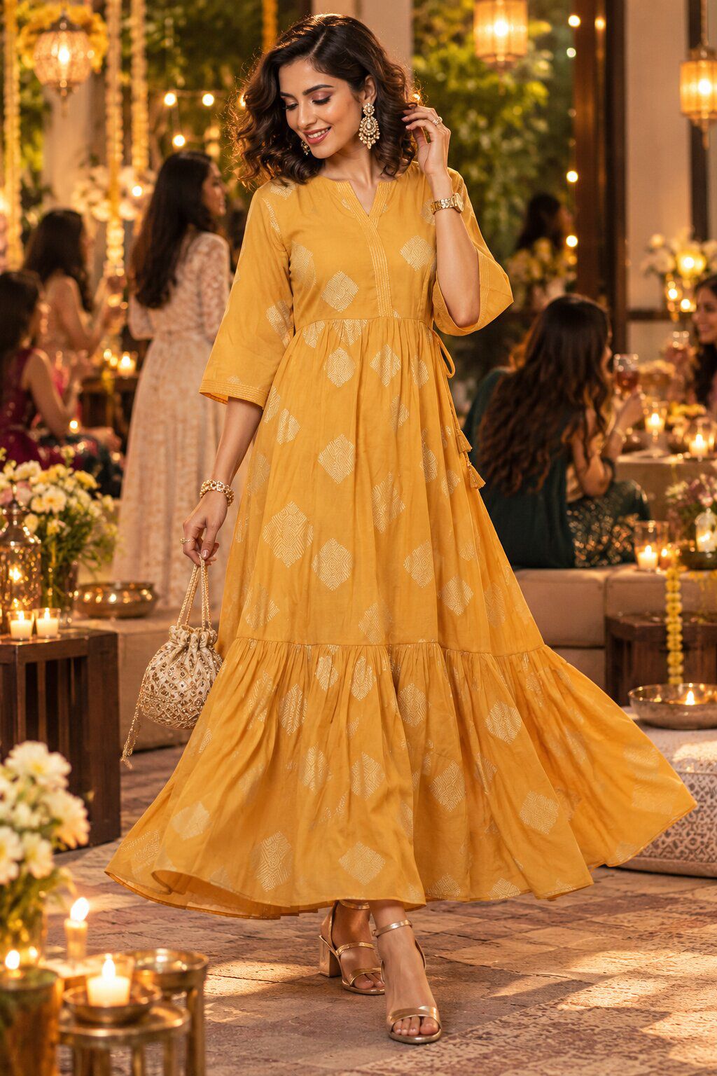 Golden Yellow Cotton Blend Tiered Printed Dress image number 0