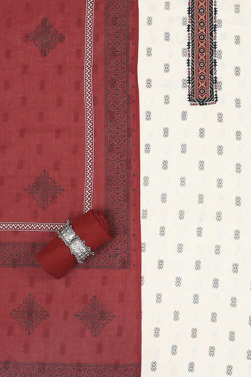 Off-White-Red Flex Hand Block Print Unstitched Suit Set image number 1