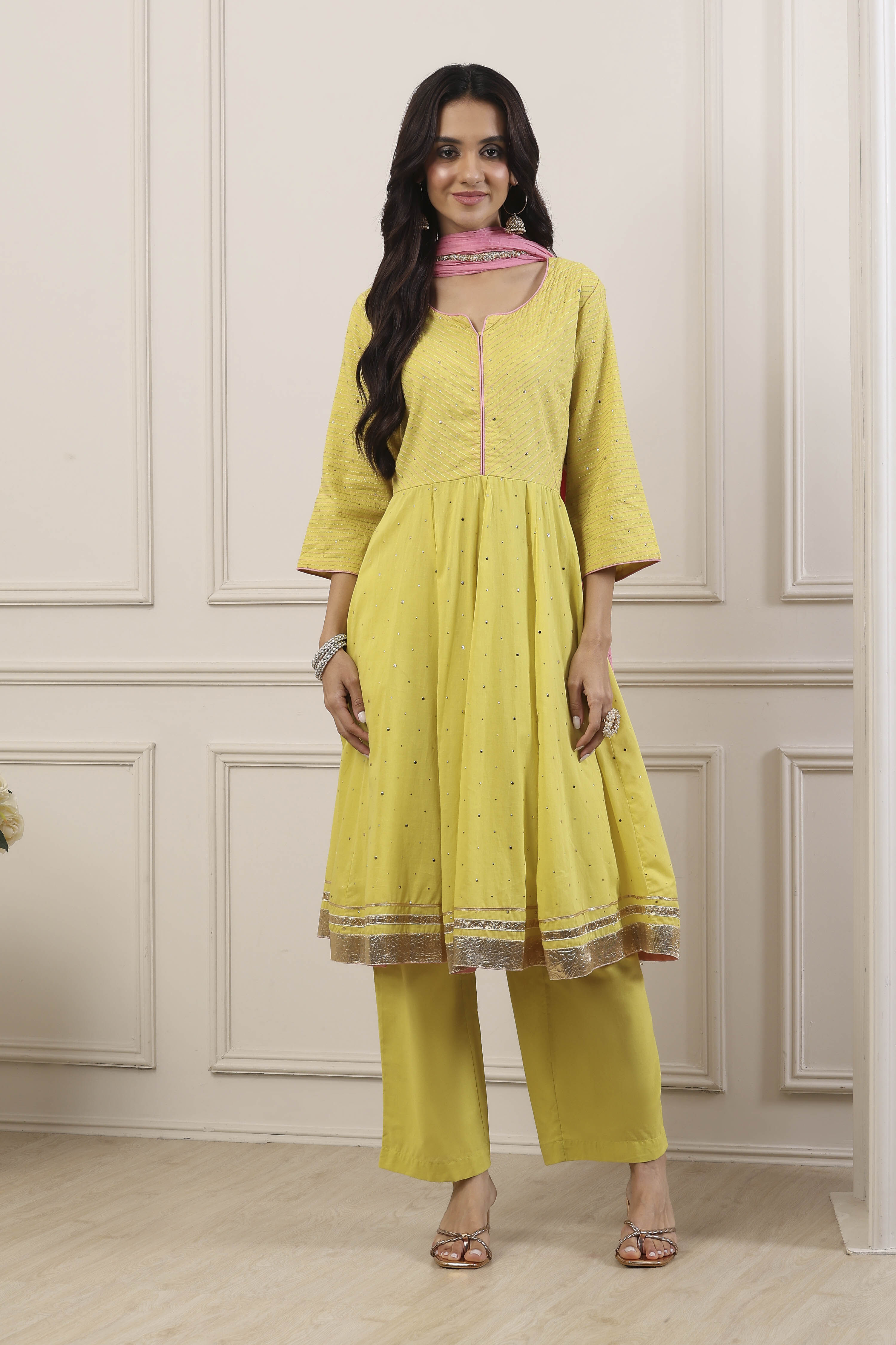 Yellow Cotton Anarkali Suit Set image number 6