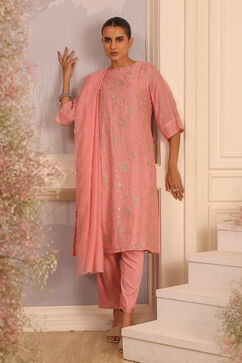 Pink Silk Embroidered Straight Suit Set image number 6