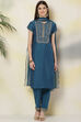 Teal Art Silk Straight Kurta Slim Pant Suit Set image number 4
