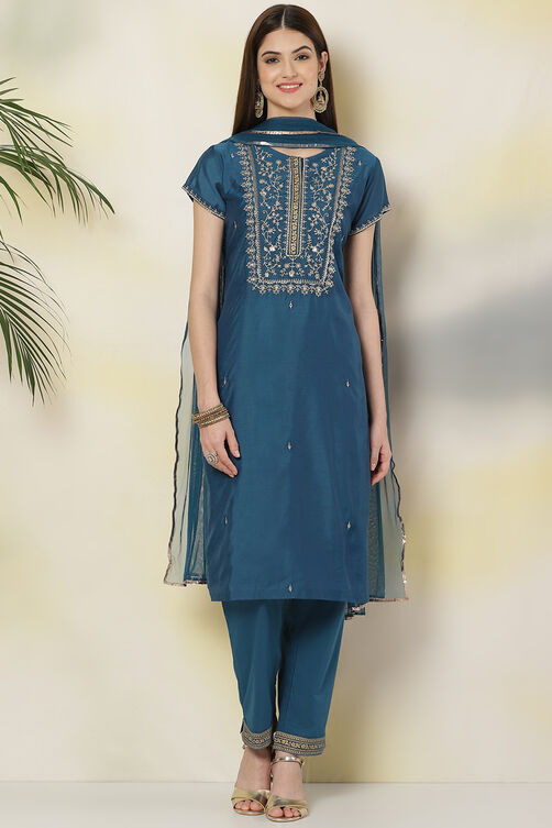 Teal Art Silk Straight Kurta Slim Pant Suit Set image number 4