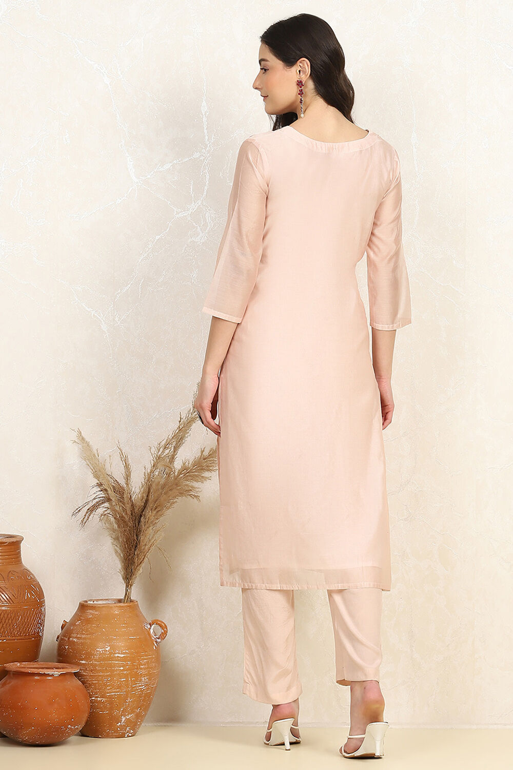 Off White Chanderi Machine Embroidered Unstitched Suit Set image number 5