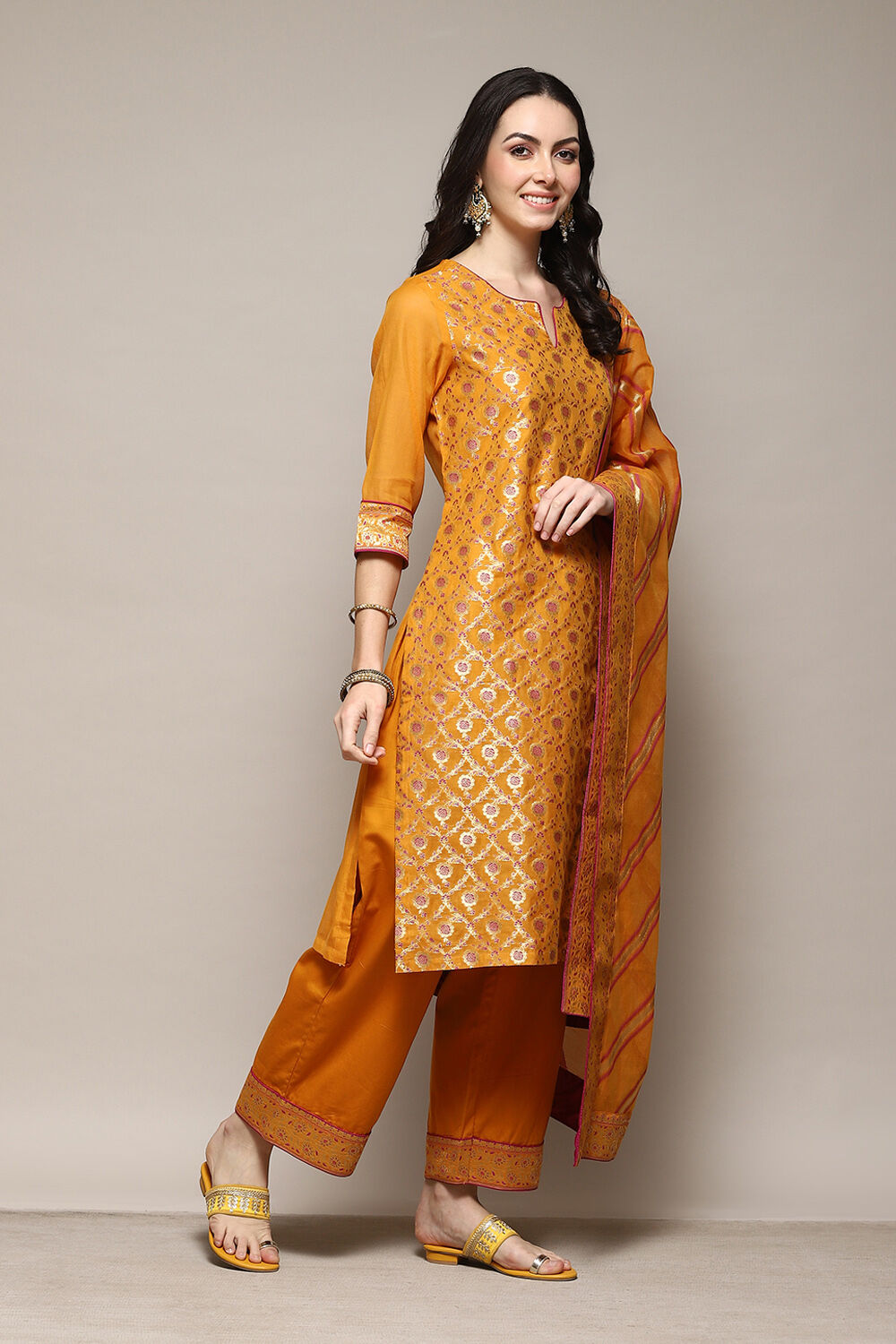 Mustard Cotton Blend Straight Yarndyed Kurta Palazzo Suit Set image number 6