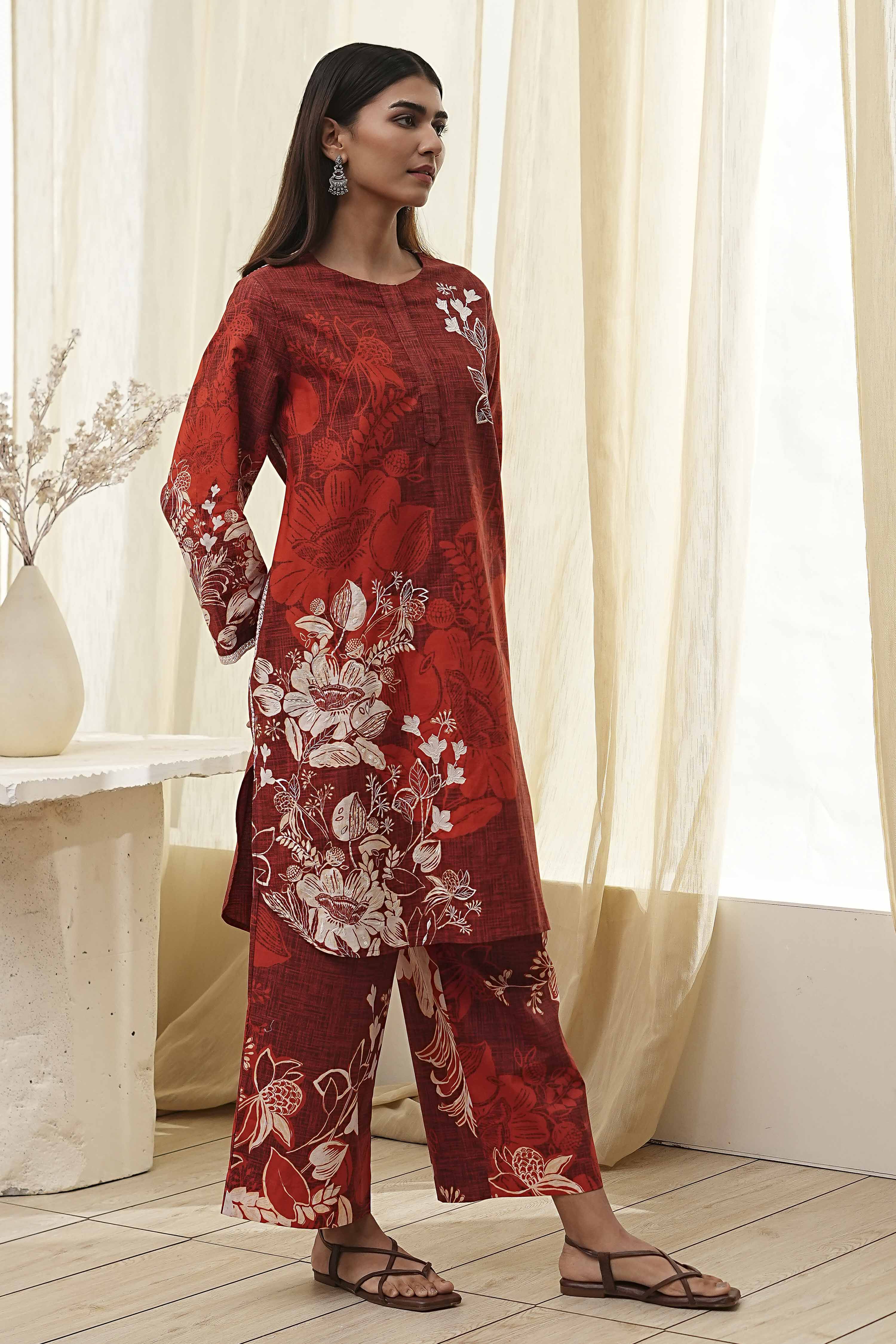 Rust Cotton Floral Straight Kurta Set image number 5