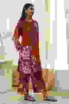 Rust Cotton Floral Straight Kurta Set image number 5