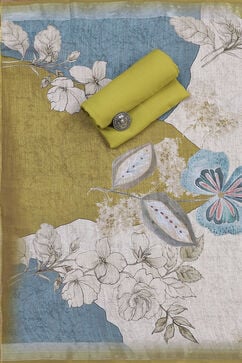 Lime Green Linen Blend Machine Embroidered Unstitched Suit Set image number 2