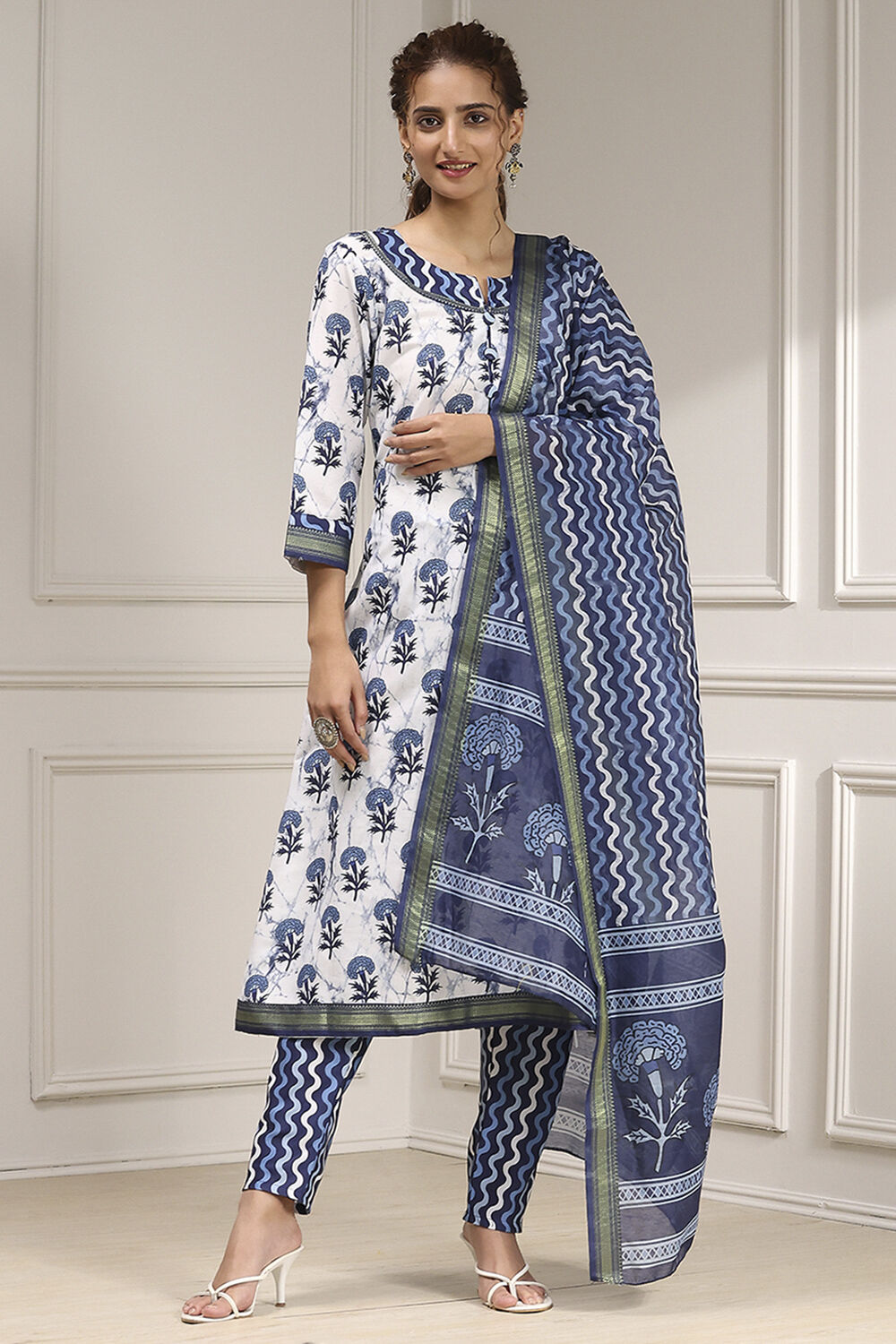Indigo Cotton Modal Digital Print Unstitched Suit Set image number 1