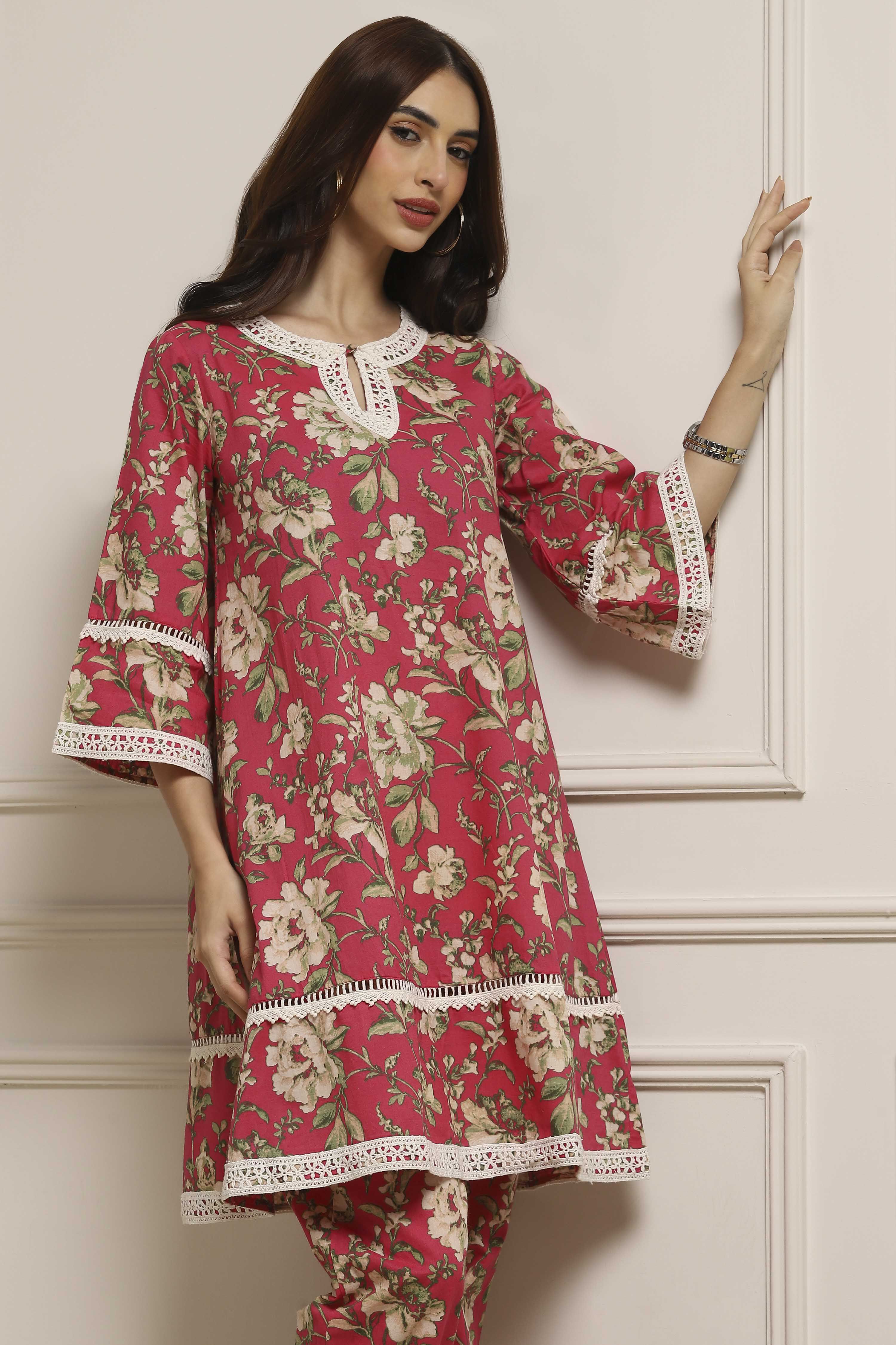 Pink Cotton Floral Straight Co-ord Set image number 0