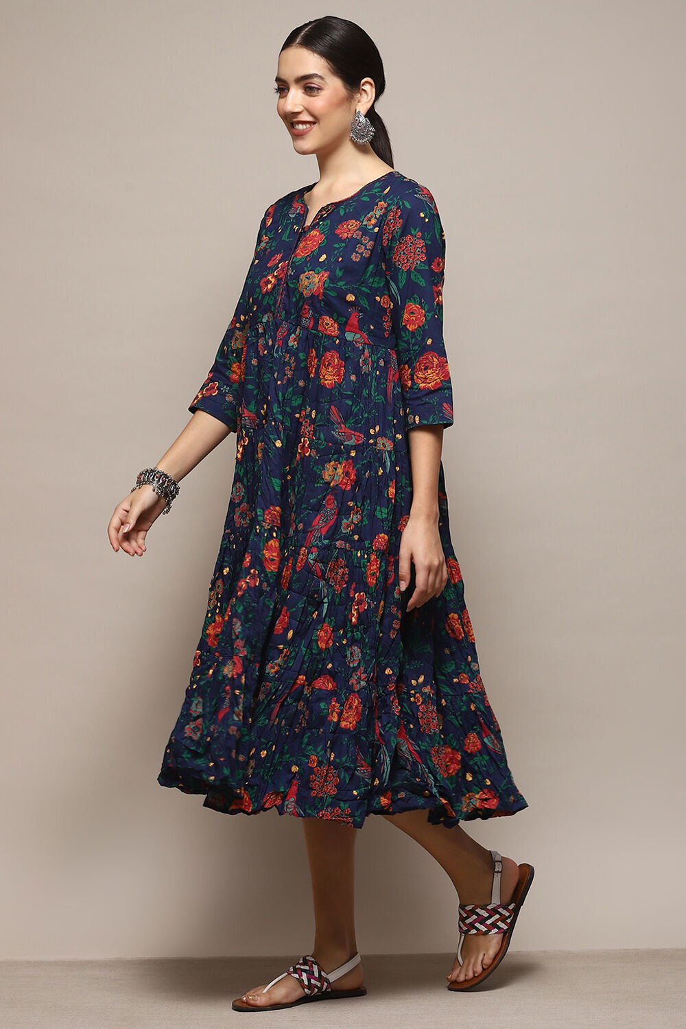 Green & Maroon Cotton Flared Printed Dress image number 2