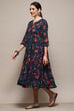 Green & Maroon Cotton Flared Printed Dress image number 2