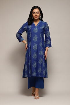 Royal Blue Polyester A-Line Printed Kurta Palazzo Suit Set image number 0
