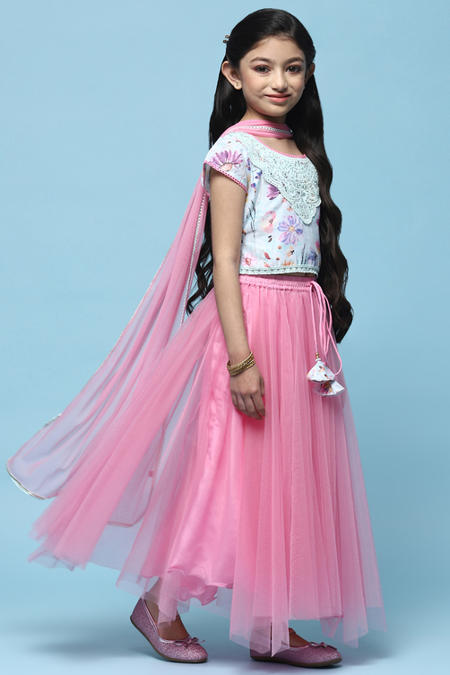Pink Net Lehenga With Cotton Floral Blouse & Net Dupatta image number 6