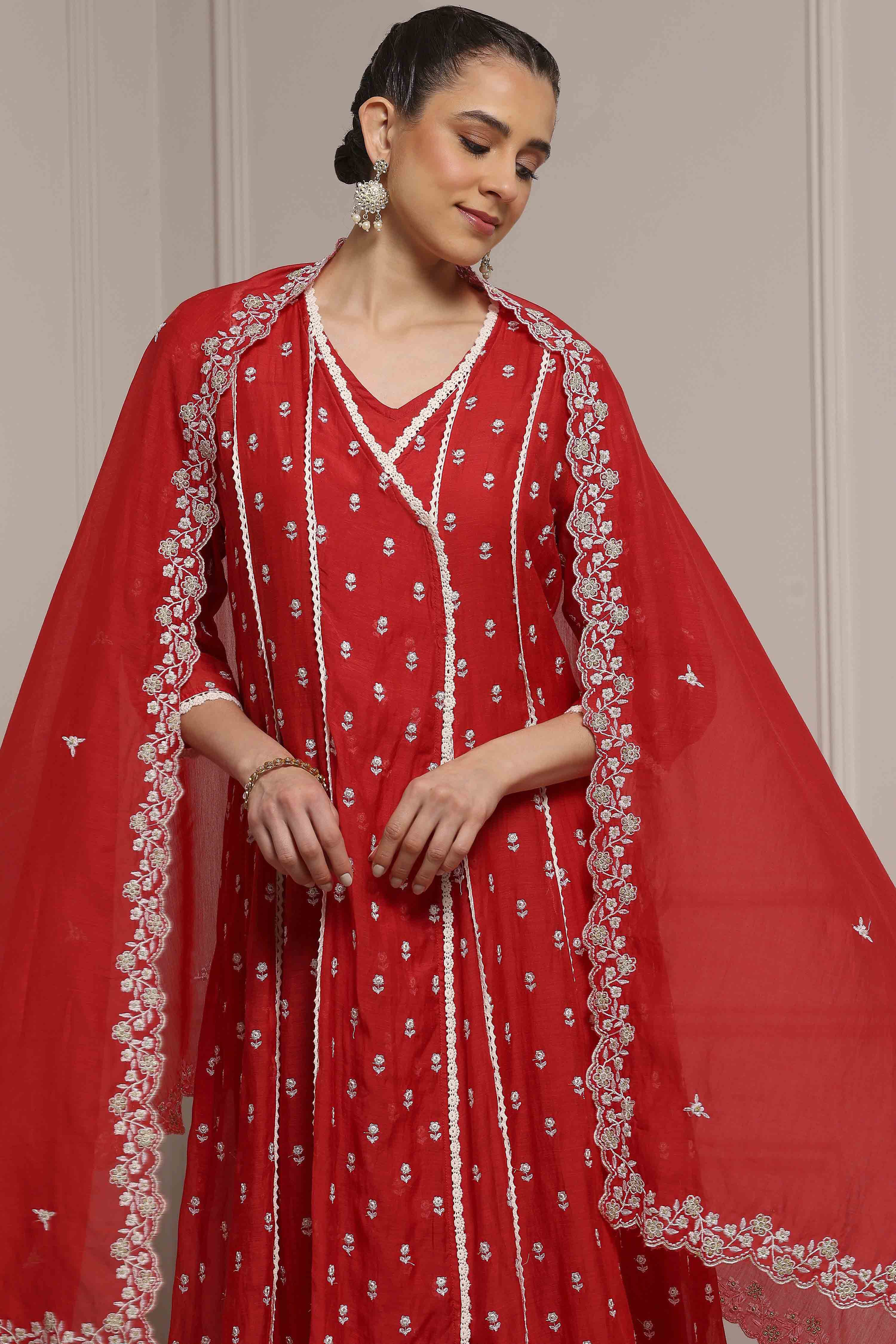 Red Chanderi Embroidered Kalidar Suit Set image number 6