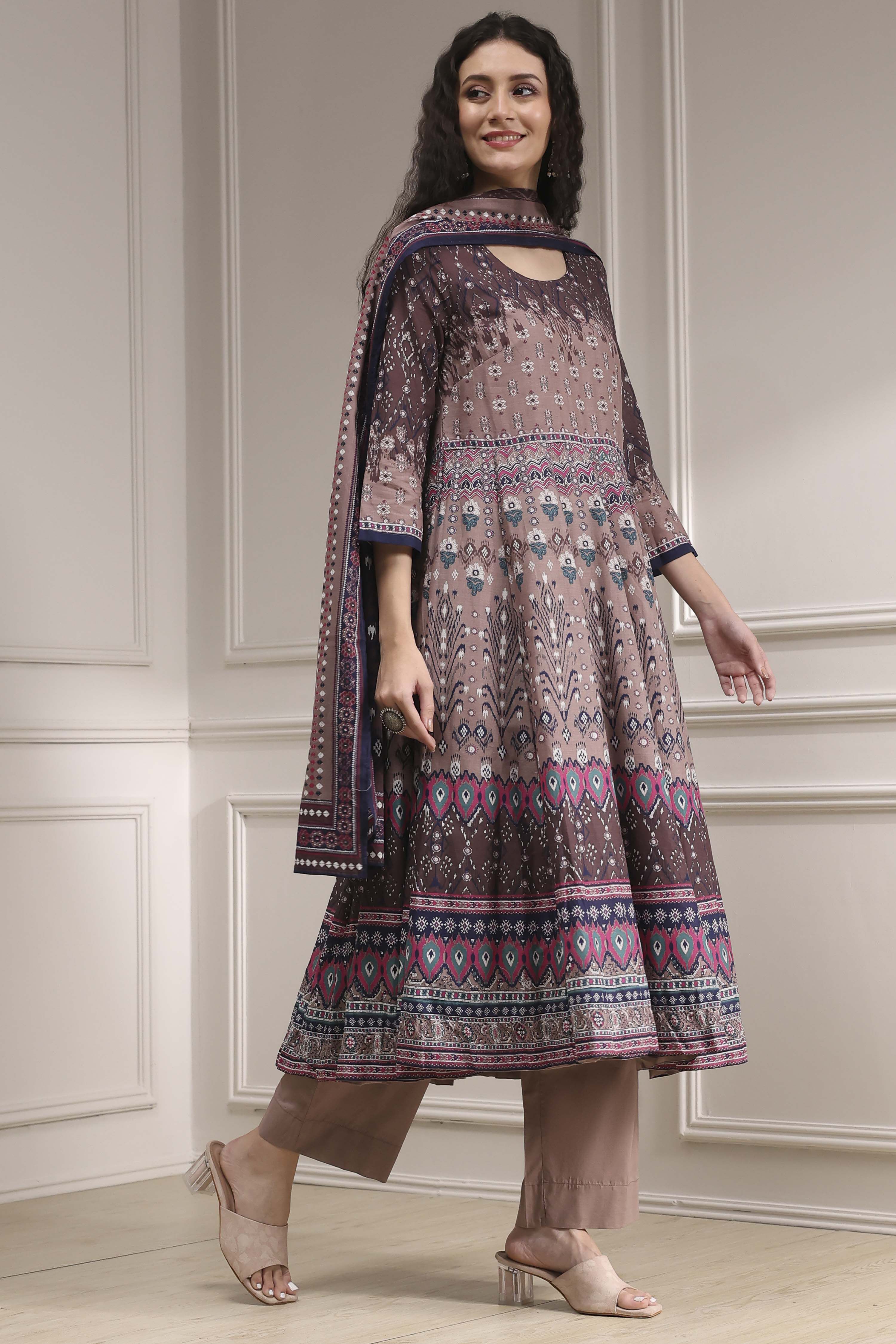 Lilac Cotton Printed Anarkali Suit Set image number 5