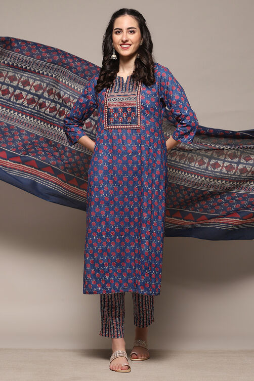 Blue Cotton Unstitched Suit Set image number 1