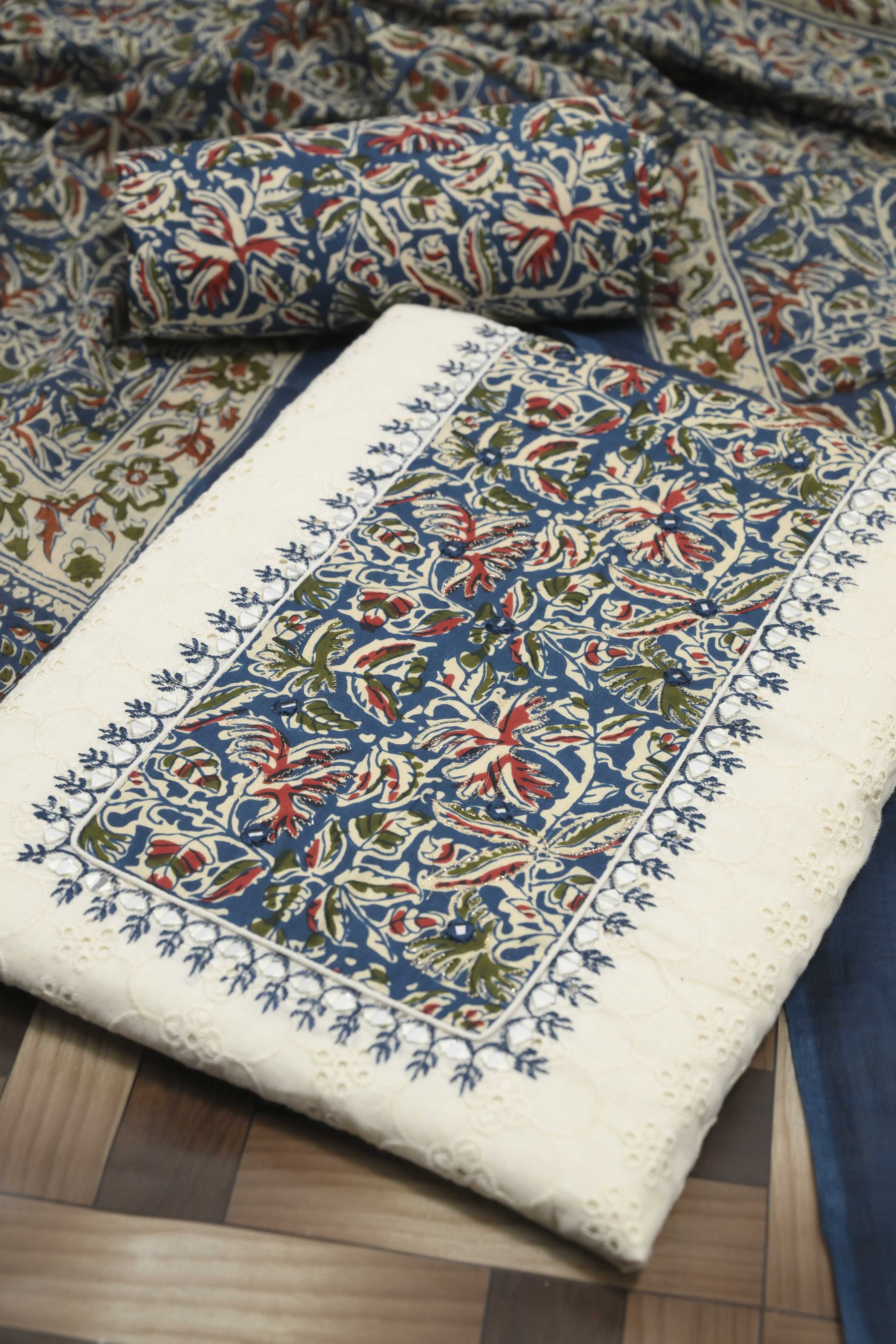 Blue Cotton Printed Unstitched Suit Set image number 1