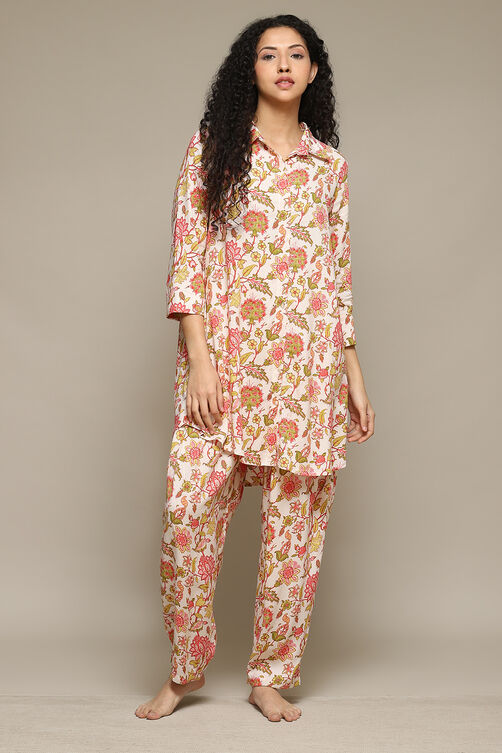 Off White & Red Rayon Printed 2 Piece Sleepwear Set image number 0